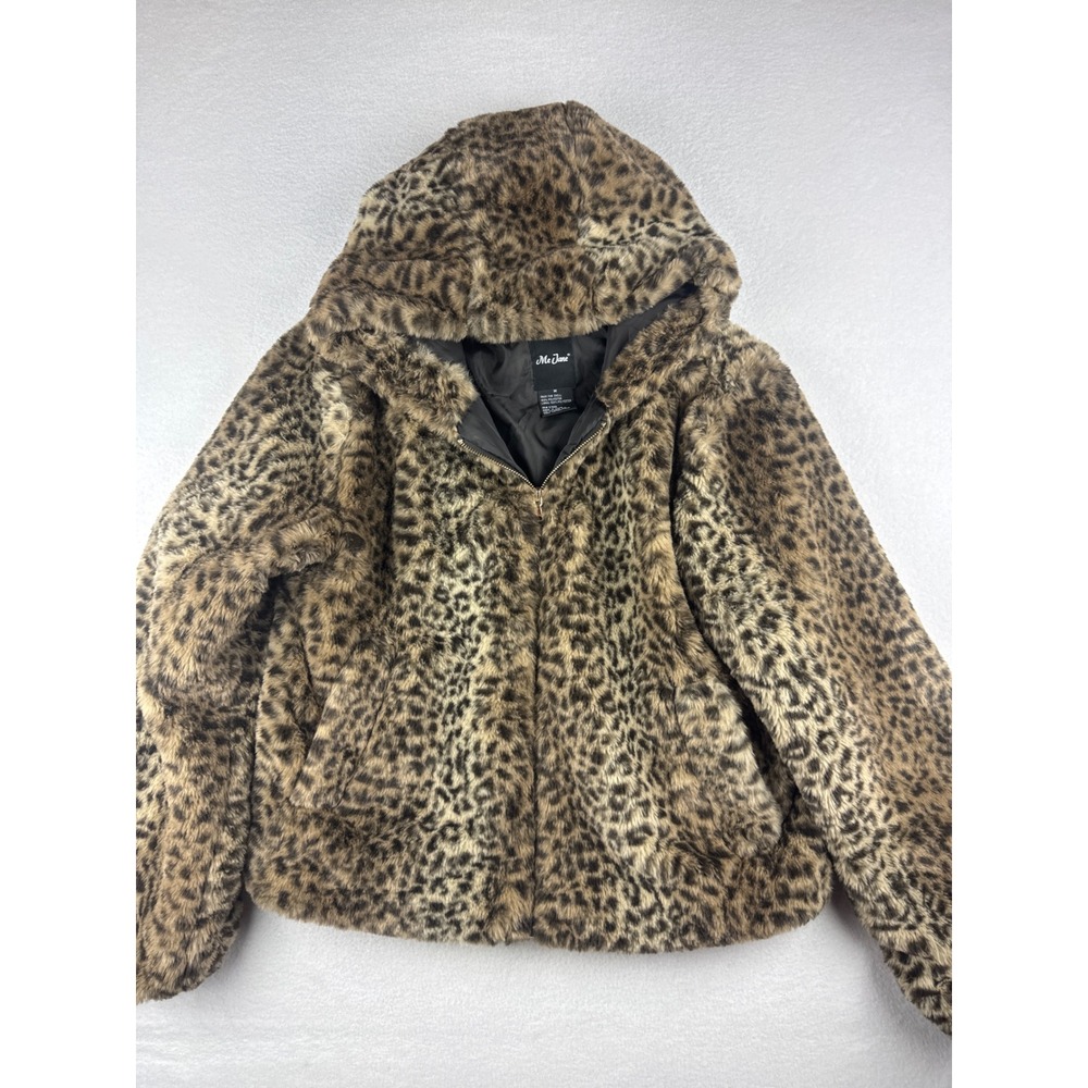 Me Jane Women's M Leopard Animal Y2K Print Plush Faux Fur Zip Up Hooded Jacket